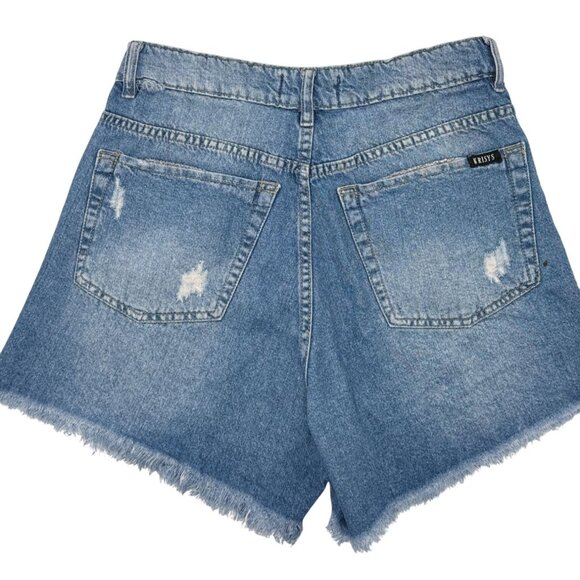 Krísy Bermuda Shorts Womens 36 Blue Distressed Denim High Rise Frayed Hem Resort - Picture 4 of 9